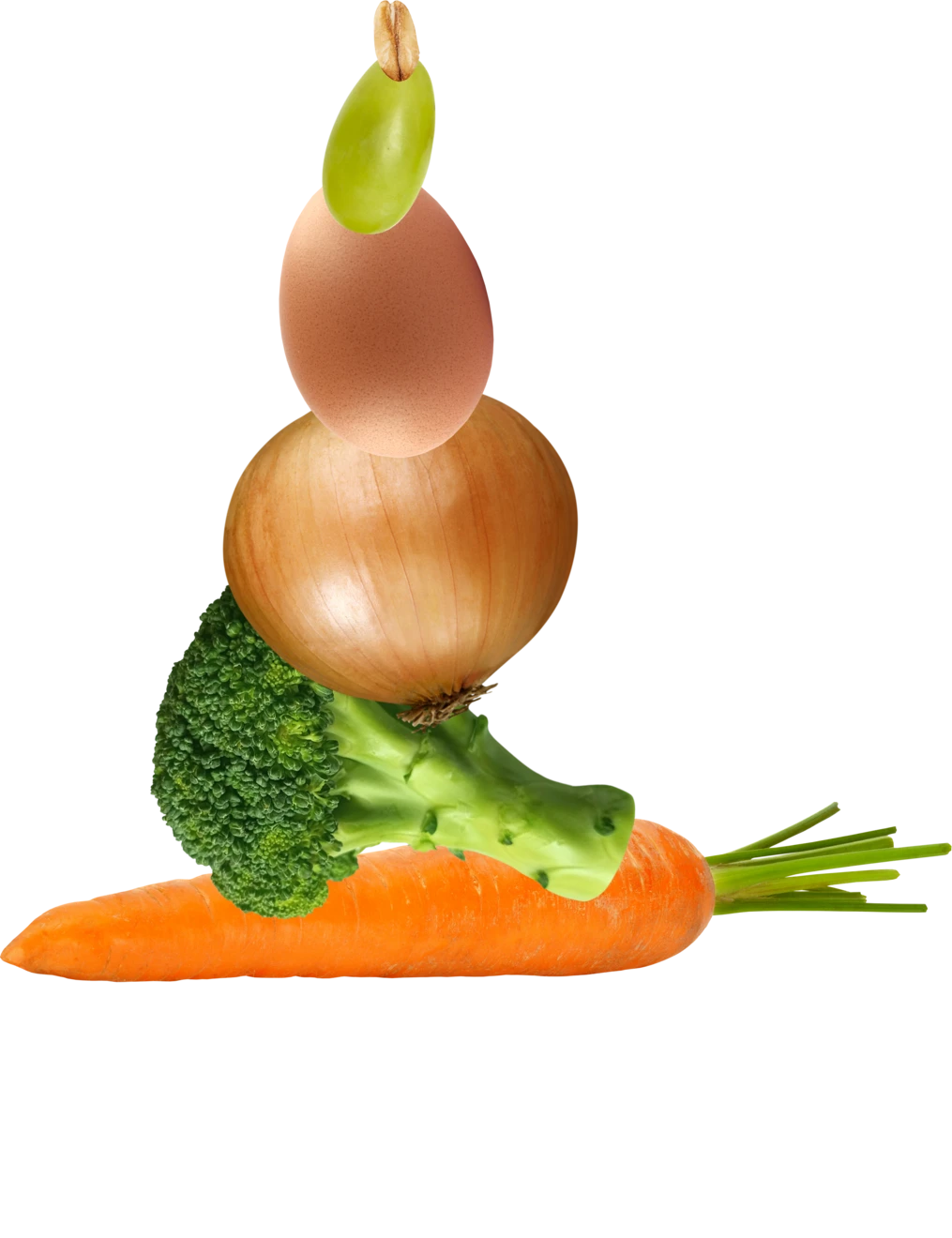Ingredientes frescos en equilibrio: zanahoria, brócoli, cebolla y huevo